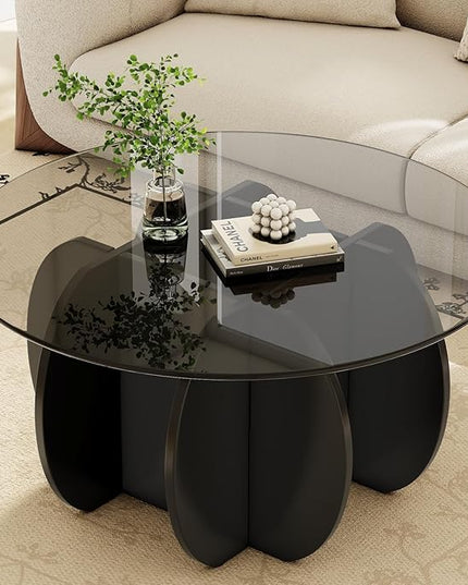 Coffee Table for Living Room Mid Century Modern Round Center Table with Glass Top, Black