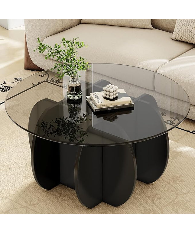Coffee Table for Living Room Mid Century Modern Round Center Table with Glass Top, Black