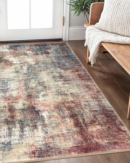 IOHOUZE Abstract Area Rug 3x5 Ft Washable Rugs for Entryway Indoor, Non Slip Kitchen Rug Printed Faux Wool Throw Rugs, Indoor Door Mat for Door Entrance Foyer Living Room, Red/Multi