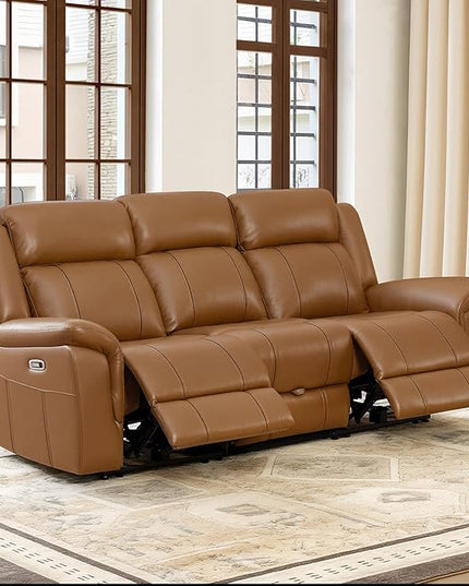 CHITA Genuine Leather Power Recliner Sofa, Wall Hugger Reclining Sofa with Drop Down Table, Power Headrest, Drawers, Charging Ports, Reclining Sectional Couch for Living Room, RV, Saddle