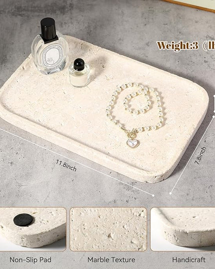 Natural Marble Vanity Tray, 11.8" Marble/Stone Bathroom Tray Countertop, Beige Tray for Decor, Perfume Jewelry Holder, Storage/Organizer for Kitchen Sink