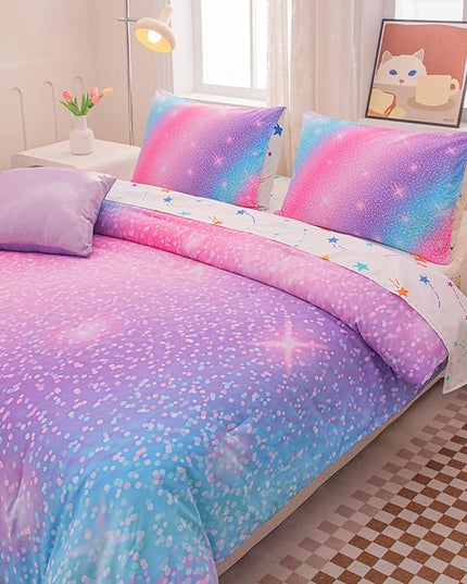 Rainbow Bedding Set Queen Size – 6-Piece Reversible Girls Comforter with Deep-Pocket Sheet, Gradient Galaxy Design, Whole-Piece Filling, Machine Washable Bed-in-a-Bag for Kids Room Makeover & Gifts