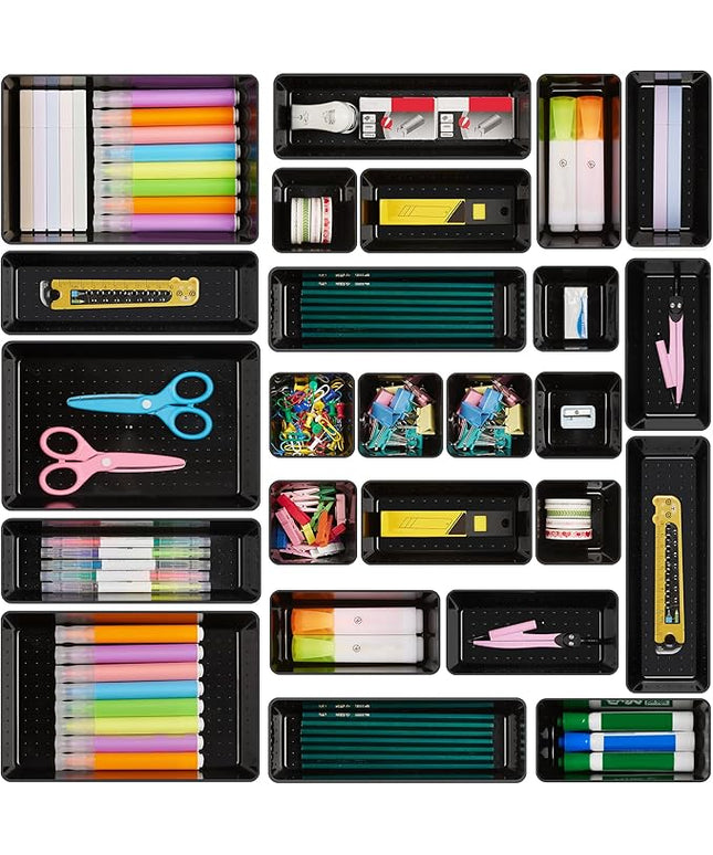 Vtopmart 25 PCS Office Desk Drawer Organizers Set, 4-Size Versatile Plastic Drawer Organizer Trays, Storage Bins for Desk Accessories Office Organizers and Storage, Bathroom, Makeup, Vanity, Black