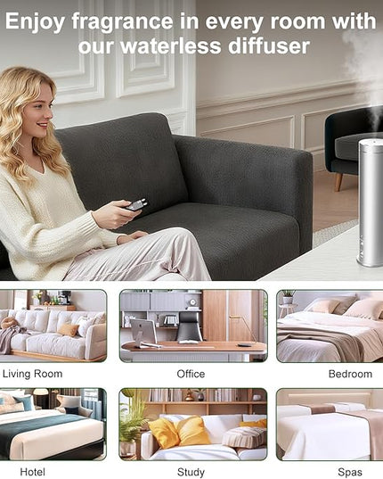 Waterless Essential Oil Diffuser Large Room Scent Diffuser for Home, Office, Hotel and Spas - Aromatherapy Diffuser Fragrance Oil Machine, Remote Control, Timer, Silver