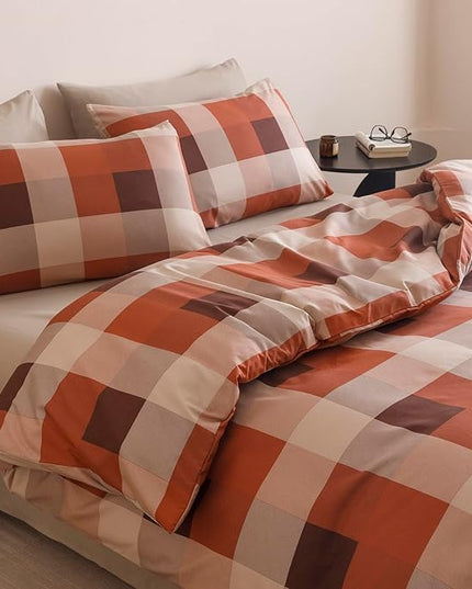 CLOTHKNOW Rust Plaid Queen Comforter Set 3Pcs Gingham Buffalo Bedding Comforter Sets Rust Brown Khaki Geometric Comforter Queen with 2 x Pillow Cases