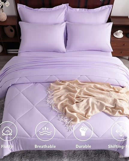 NTBAY Queen Comforter Set with Sheets, 7 Pieces Soft and Breathable Queen Bedding Set, Bed in a Bag, Down Alternative Comforter Set Solid Color All Season, Queen Bedding Set, Light Purple