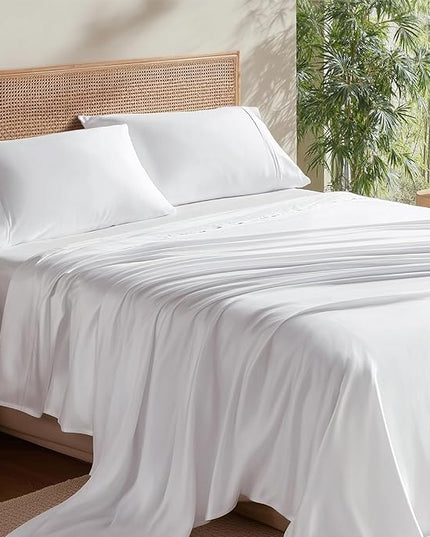 Bedsure Full Size Bed Sheets, Cooling Sheets, Rayon Derived from Bamboo, Deep Pocket Up to 16", Breathable & Soft, Hotel Luxury Silky Bedding for Hot Sleepers, White