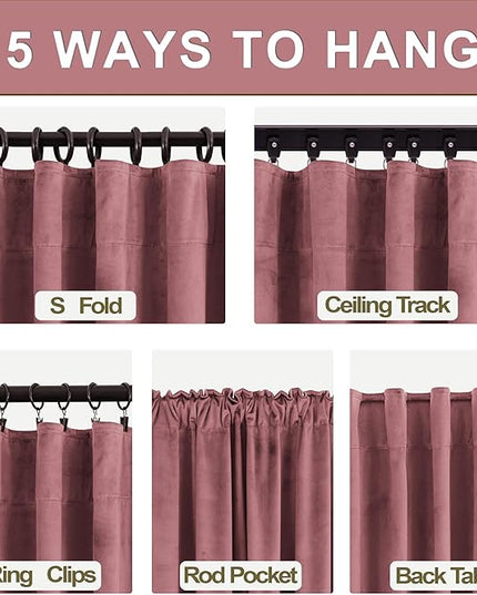 KOUFALL 52x63 Inch Length Dusty Rose Back Tab Velvet Curtains
