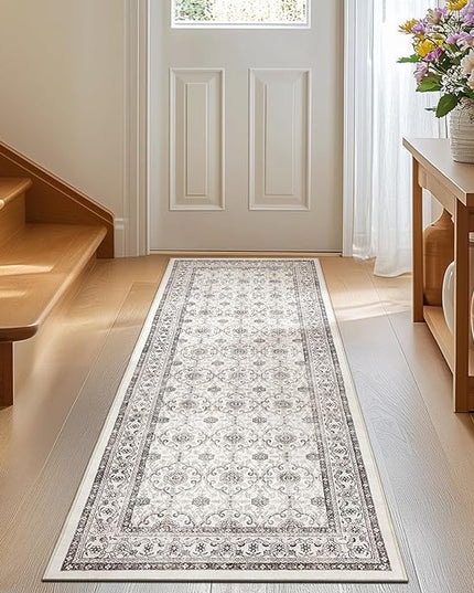 jinchan Runner Rug 2x6 - Machine Washable Beige Vintage Floral Distressed Design Soft Non-Slip Low-Pile Ultra-Thin Runner Rug for Kitchen Hallway Laundry Room Entryway Farmhouse (2‘x6', Beige)