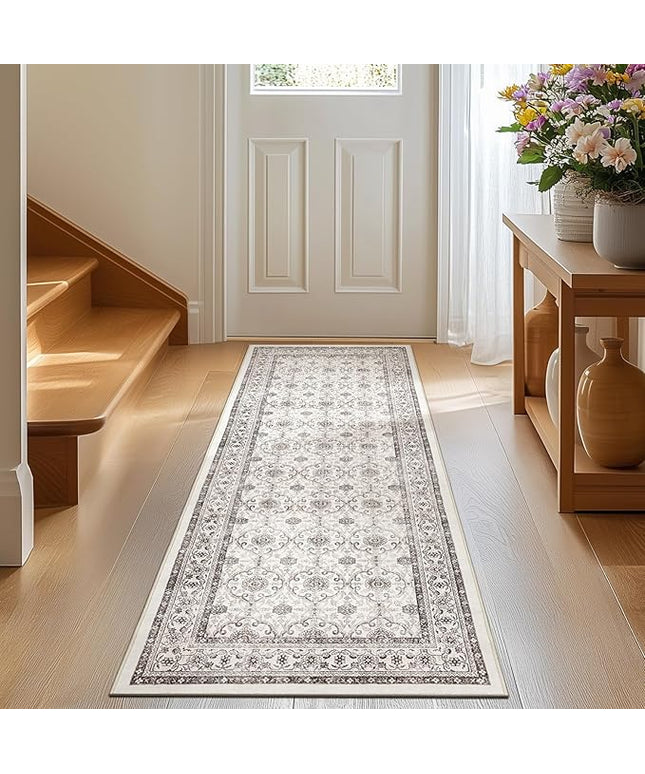 jinchan Runner Rug 2x6 - Machine Washable Beige Vintage Floral Distressed Design Soft Non-Slip Low-Pile Ultra-Thin Runner Rug for Kitchen Hallway Laundry Room Entryway Farmhouse (2‘x6', Beige)
