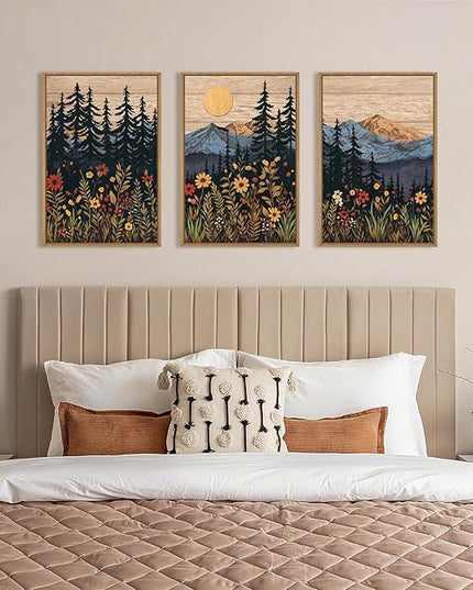 Houria Mid Century Woodland Mountain Framed Canvas Wall Art Set,Vintage Natural Sunset Wildflower Forest Field Decor,Wilderness Boho Floral Pine Tree Landscape Artwork for Living Room,Office-24"x36"x3