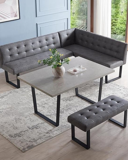 3 Piece Dining Table Set with Bench, 42.9 Inch Modern Kitchen Table with Left Seat Corner and 43.3 Inch Bench for Family Dining Room Furniture