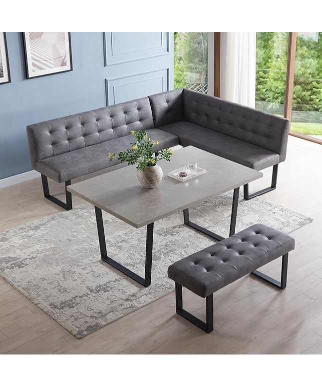 3 Piece Dining Table Set with Bench, 42.9 Inch Modern Kitchen Table with Left Seat Corner and 43.3 Inch Bench for Family Dining Room Furniture