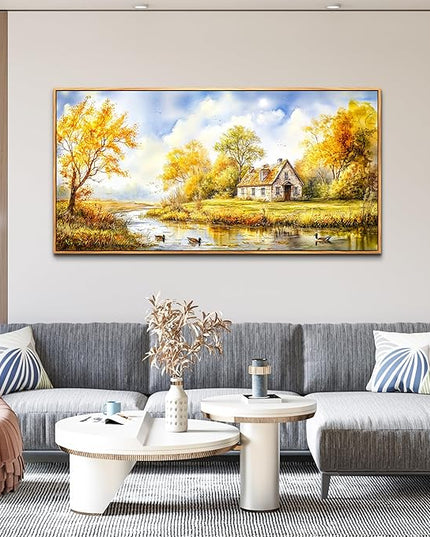 ERQINHUA Large Wall Decoration Canvas For Bedroom Wall Art For Living Room Office Decor Yellow Pastoral Creek Landscape Painting Wood Frame Pictures Art Print Farmhouse Home Wall Aesthetics 24"x48"