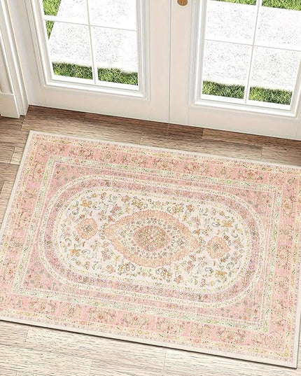 Small Rugs 2x3,Pink Rug for Entryway Bathroom Bedroom Kitchen Entrance Doormat,Boho Vintage Bohemian Distressed Farmhouse Washable Accent Floor Throw Carpet Non Slip,Blush Floral