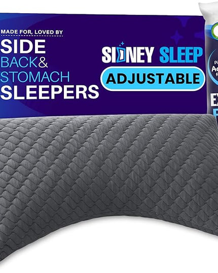 Sidney Sleep Bed Pillow for Side and Back Sleepers - Queen Size - Adjustable Filling - Memory Foam Pillow for Neck and Shoulder Support - Customizable Loft - Additional Foam Bag Included (Grey)