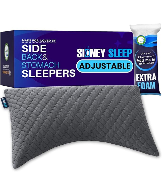Sidney Sleep Bed Pillow for Side and Back Sleepers - Queen Size - Adjustable Filling - Memory Foam Pillow for Neck and Shoulder Support - Customizable Loft - Additional Foam Bag Included (Grey)