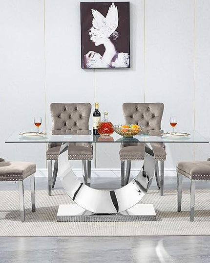 5 Piece Dining Table Set, Modern Glass Dining Table Set for 4, 70" Luxury Glass Table w/Silver Stainless Steel Base & 4 Grey Tufted Chairs, Kitchen Dining Room Sets for 4 for Breakfast Dinner Dinette
