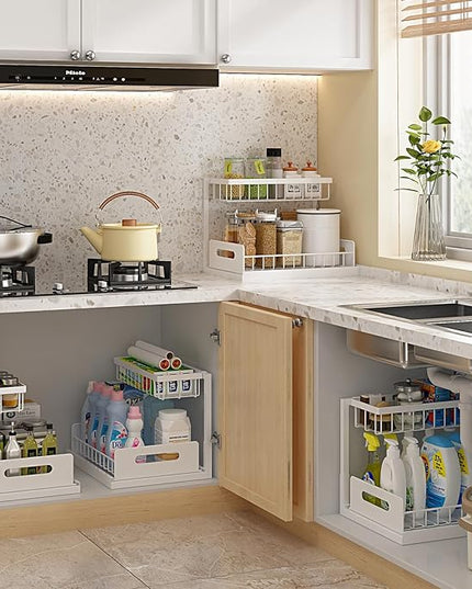 REALINN Under Sink Organizer, Pull Out Cabinet Organizer 2 Tier Slide Out Sink Shelf Cabinet Storage Shelves, Under Sink Storage for Kitchen Bathroom Cabinet, White, 1 Pack