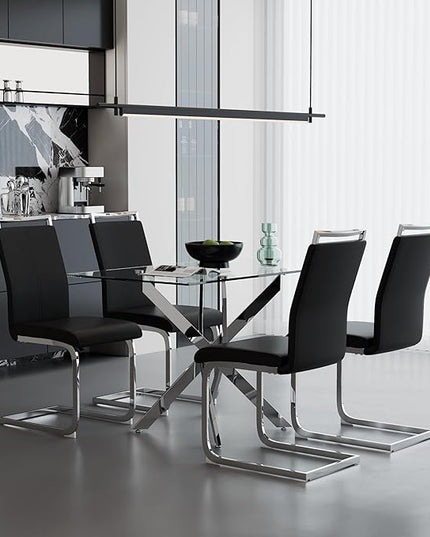 5 Piece Dining Table Table Set, Modern Tempered Glass Dining Table Set for 4 Kitchen Table Set with 4 Upholstered Chairs for Kitchen Dining Room (Sliver Table with Black Chairs)