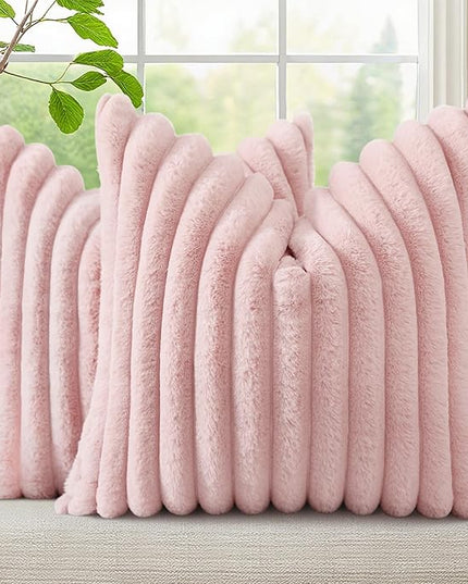 decorUhome Faux Fur Spring Throw Pillow Covers 24x24 Set of 2, Decorative Soft Plush Striped Neutral Couch Euro Pillow Covers with Velvet Back for Sofa, Bed, Living Room Home Decor, Pink