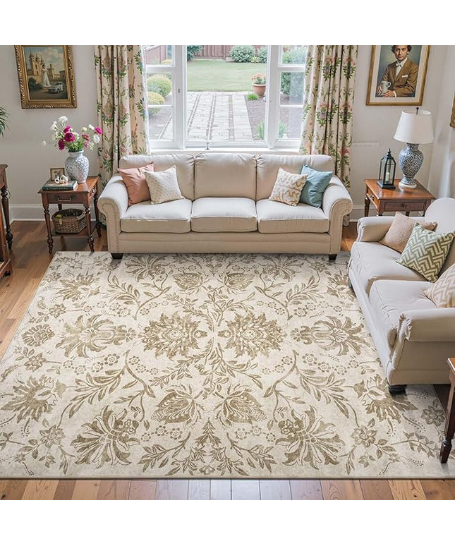 jinchan Torino Floral 8x10 Area Rugs, Vintage-Inspired Neutral Design Accent Living Room Rug, Machine Washable Ultra-Thin Low-Pile Non-Slip Traditional Carpet for Bedroom Home Office, Taupe