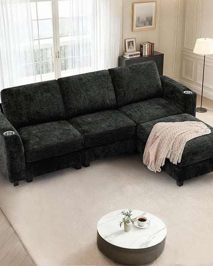 87" Chenille Sectional Sofa with Movable Ottomans, Modular L-Shape Couch with Cup Holders, Convertible 3 Seater Sofa with Well-Filled Backrest Cushions for Living Room, House, Black