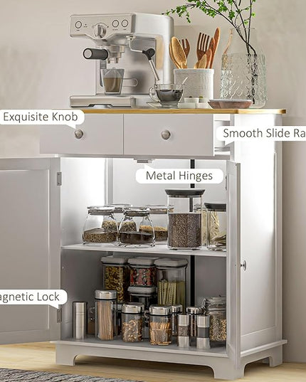 HOMCOM Sideboard with Solid Wood Countertop, Modern Kitchen Storage Cabinet, Coffee Bar Cabinet with 2 Drawers, Doors and Adjustable Shelf, Distressed White