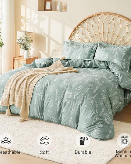 MUXHOMO Full Comforter Set, Sage Green Elegant Floral Print Bed in a Bag 7 Pieces, Ultra Soft & Breathable Reversible Botanical Pattern Bedding Set with Comforter, Sheets, Pillowcases, and Shams