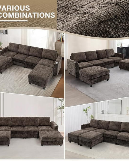 110" Convertible U-Shape Couch with 2 Flexible Ottomans, Soft Sectional Sofa with 2 Built-in Cup Holders, Chenille 4 Seats Sofa with Well-Filled Back Cushions for Living Room, House, Brown