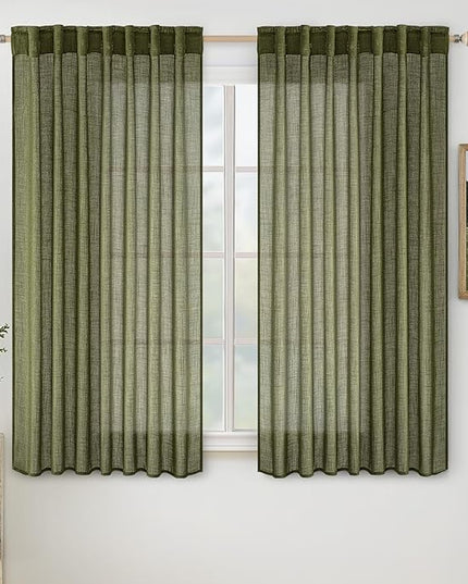 MIULEE Light Olive Green Linen Curtains 63 Inch Length 2 Panels for Bedroom Living Room, Soft Linen Textured Natural Kitchen Window Drapes Semi Sheer Light Filtering Back Tab Rod Pocket Burlap Look