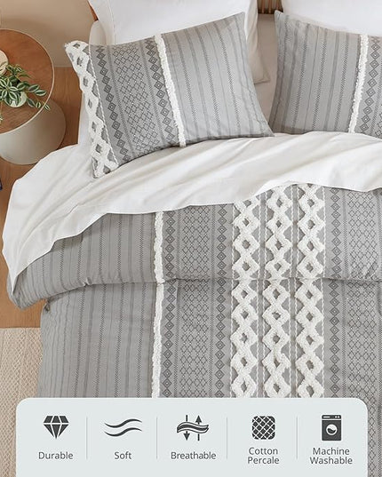 INK+IVY Imani 100% Cotton Duvet Mid Century Modern Design, All Season Comforter Cover Bedding Set, Matching Shams, Full/Queen, Gray Chenille Tufted Accent 3 Piece