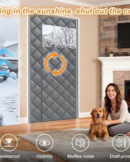 Magnetic Thermal Insulated Door Curtain Fit 36" X 80" with Clear Window, Thermal Door Cover for Winter Thicken Oxford Cloth and Cotton Automatic Insulation Cover Blanket for Winter