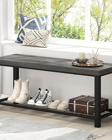 EXCEFUR Entryway Bench, Industrial Metal and Wood Storage Bench for Living Room, Indoor Shoe Rack Bench Seat, 43.3 Inch Grey