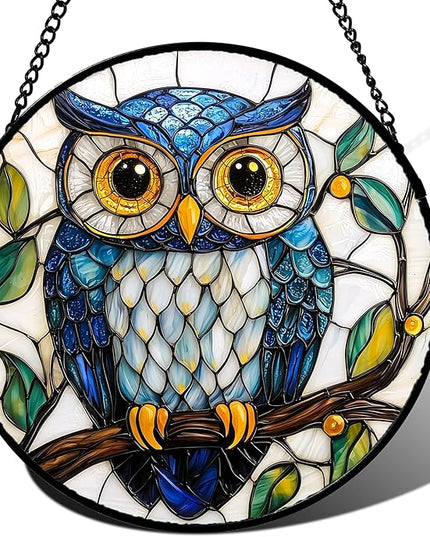 Stained Glass Window Hanging, Owl Gifts for Women Sun Catchers Diamond Glass Panel Hangings Birds Suncatcher Decor for Birthday for Women, Men, Wife, Aunt, and Mom 14.9x14.9 in