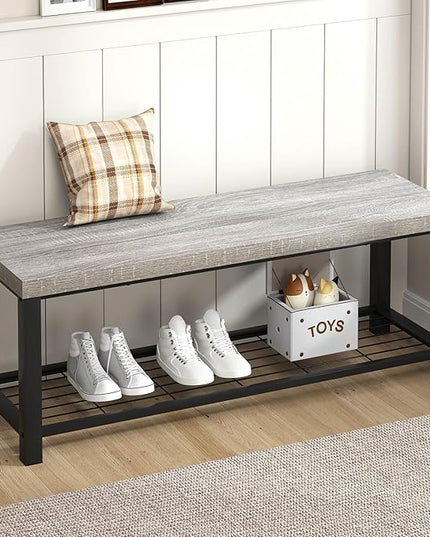 FOLUBAN Entryway Bench, Vintage Wood and Metal Storage Bench with Metal Shelf, Indoor Shoe Rack Bench Seat for Living Room, Bedroom, Hallway, Entrance, Light Grey, 47 Inch