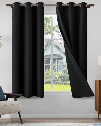 100% Blackout Curtains 72 Inch Length 2 Panels Set for Children's Room, Bedroom, Light Weight Curtains with Grommets Top, Full Blackout Curtains Privacy Protection, Black, 37" W x 72" L