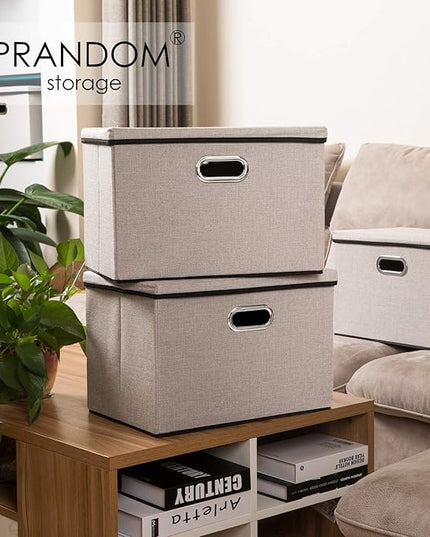 PRANDOM Large Foldable Storage Bin with Lid [1-Pack] Linen Fabric Decorative Storage Box Organizer Container Basket Cube with Handles Divider for Closet Office Living Room Light Grey(17.7x11.8x11.8)