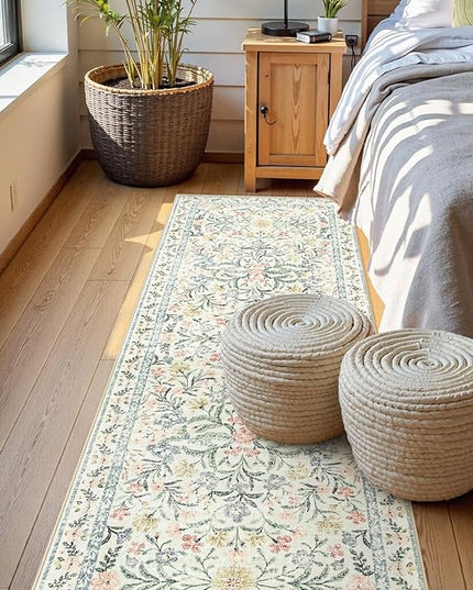 Wonnitar Washable Rug Runner 2'6''x8', Boho Floral Hallway Runner Rug 8ft Long Carpet for Bedroom, Soft Non Slip Ultra-Thin Beige Carpets for Bathroom Kitchen Bedside