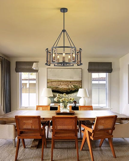 5-Light Drum Chandelier for Dining Room，19.7" Rustic Farmhouse Dining Room Light Fixture，Wood Grain and Vintage Black Metal Chandeliers for Kitchen Entryway Living Room