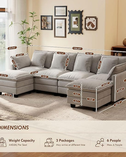 Ihanherry 106" U-Shaped Modern Sofa Modular Sectional Cloud Couch 6-Seat Chenille Seat Sofa with Ottoman for Living Room, Bedroom and Apartment, Grey
