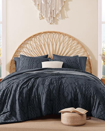Full Size Comforter Set Navy Blue, Tufted Boho Bedding Farmhouse Bed Set, All Season 7 Pieces Bed in a Bag with Sheets, Pillowcases & Shams