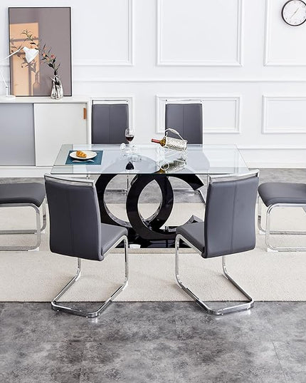 Ebullient Glass Dining Table Set for 6 ，7 Piece Dining Table Set,Tempered Glass Table Top，Modern Dining Room Table with 6 PU Leather Ergonomic Dining Chairs