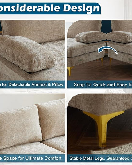 VINGLI 110" Large U-Shape Sectional Sofa Couch with 51" D Double Chaise for Living Room, Modern Sectional Couch Set with Soft 5.9" Thickness Seating Padding, Chenille Fabric,Metal Gold Legs(Khaki)