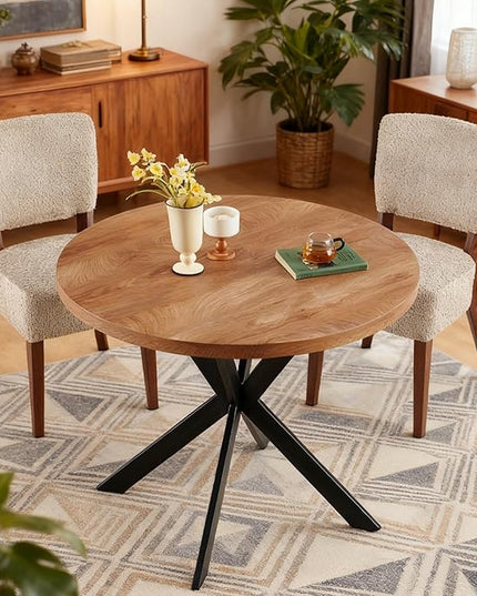 Small 37" Round Dining Table Set for 2, Mid Century Modern Circle Coffee Set, 2 Upholstered Stackable Dining Room Chairs for Apartment, Space Saving, Wood Grain&Light Brown
