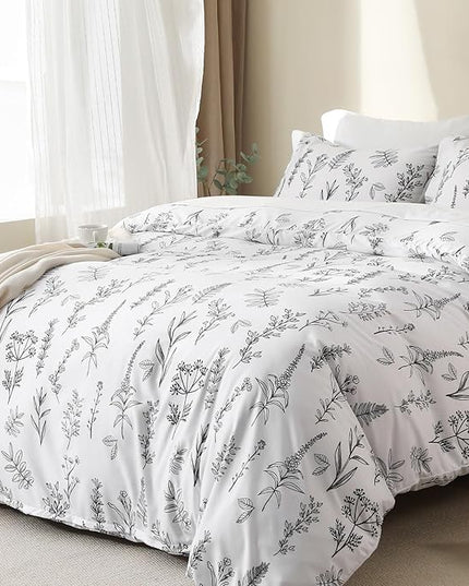MUXHOMO White Bed in a Bag Queen 7 Pieces, Queen Comforter Set Reversible Botanical Flowers Design, Ultra Soft & Breathable Bedding Sets with Comforter, Sheets, Pillowcases & Shams