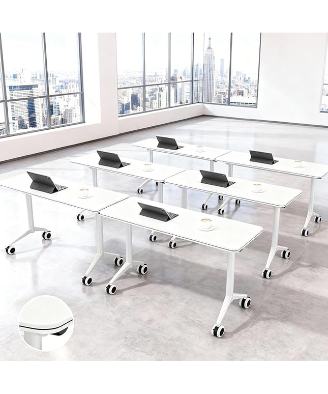 8Pack Folding Conference Table with Wheels & Flip Top -55 Inches Commercial Mobile Meeting Table for Office, Training Seminar, Home Use -Space Saving Design, Easy Folding Classroom Table﻿