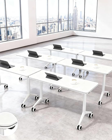 6Pack Folding Conference Table with Wheels & Flip Top -55 Inches Commercial Mobile Meeting Table for Office, Training Seminar, Home Use -Space Saving Design, Easy Folding Classroom Table﻿
