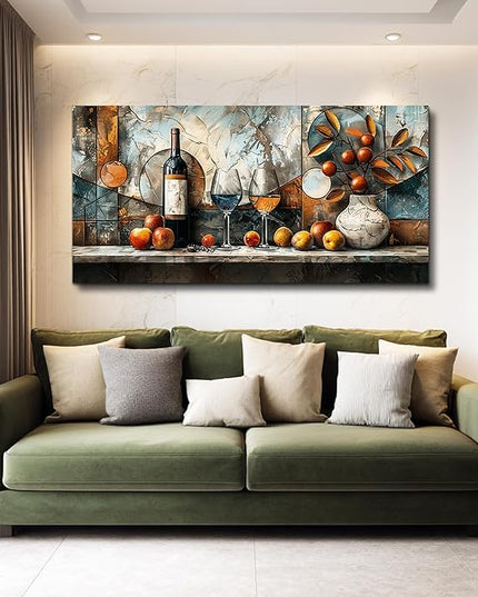 XIGUANGART Canvas Wall Decor For Kitchen Wall Art For Dining Room Decorations Wine Glass Painting Still Life Vintage Abstract Picture Artwork Pub Living Room Wall Mural Posters Home Decor 20"x40"