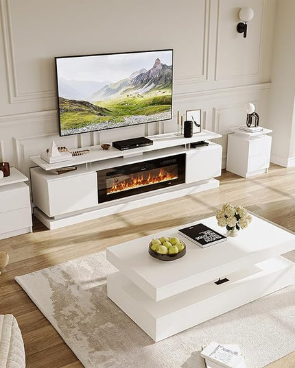4-Piece Modern Living Room Table Set, Includes High Gloss 70" Fireplace TV Stand, LED Coffee Table and End Tables Set of 2 with Storage Drawers, White & Black